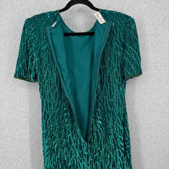Laurence Kazar Womens VTG Silk Cocktail Party Dress Size M Green Sequin Beaded - Picture 6 of 16